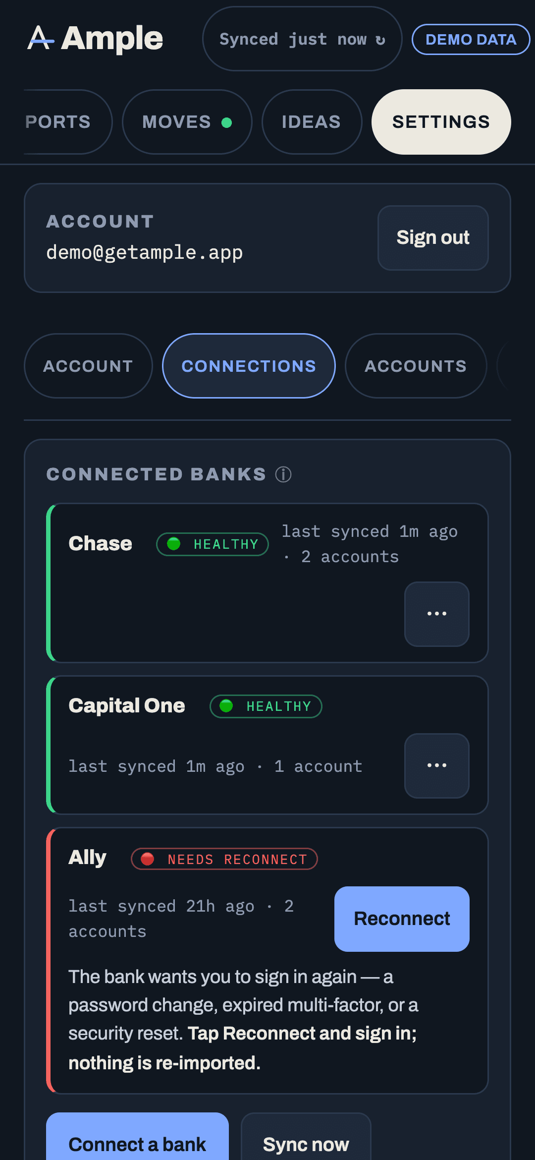 The Connections page listing linked accounts with a last-synced time and status for each