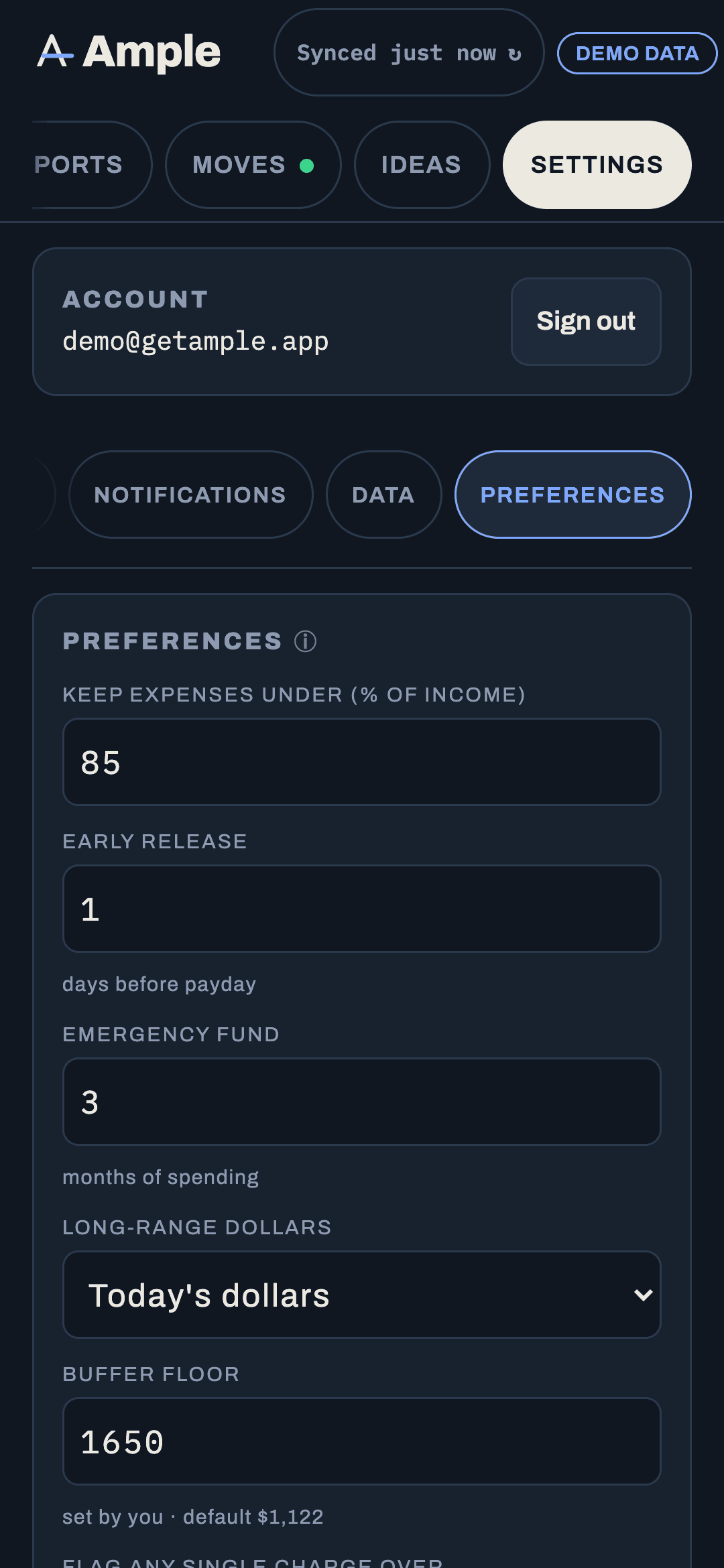 Preferences with the checking buffer floor field and the account selector
