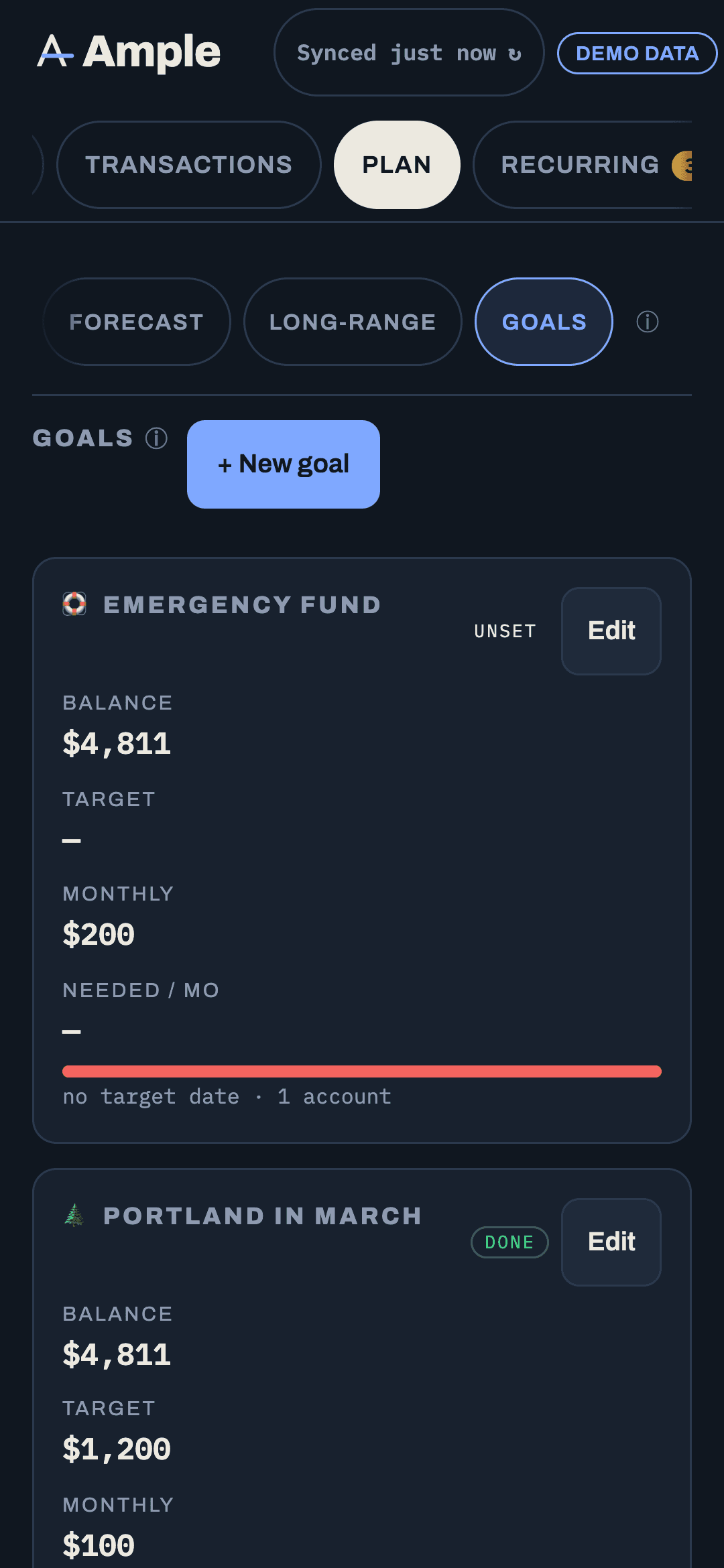 A save-up goal card with target, date, linked account and an at-risk status
