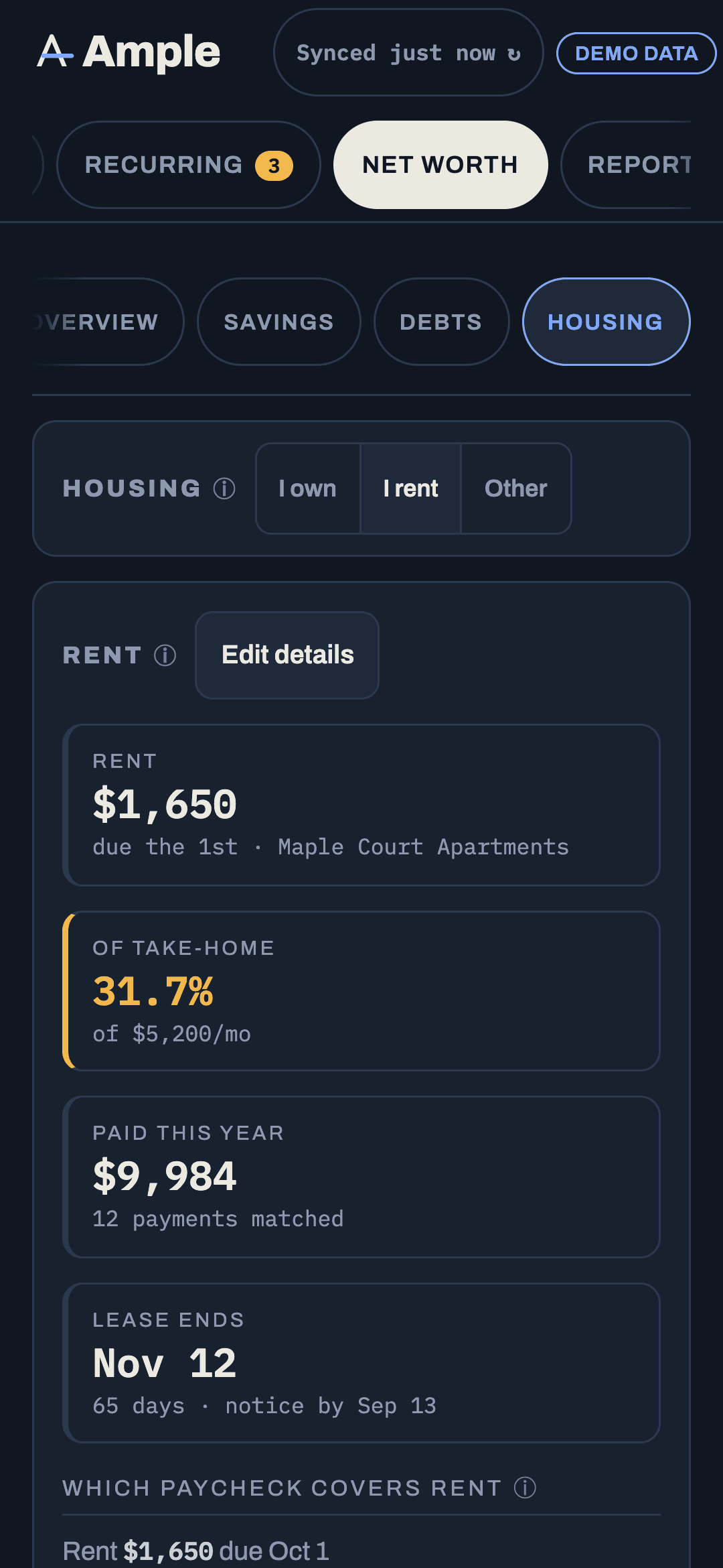 The Home card with monthly and biweekly columns, the PMI-removal date and the Adjusted value