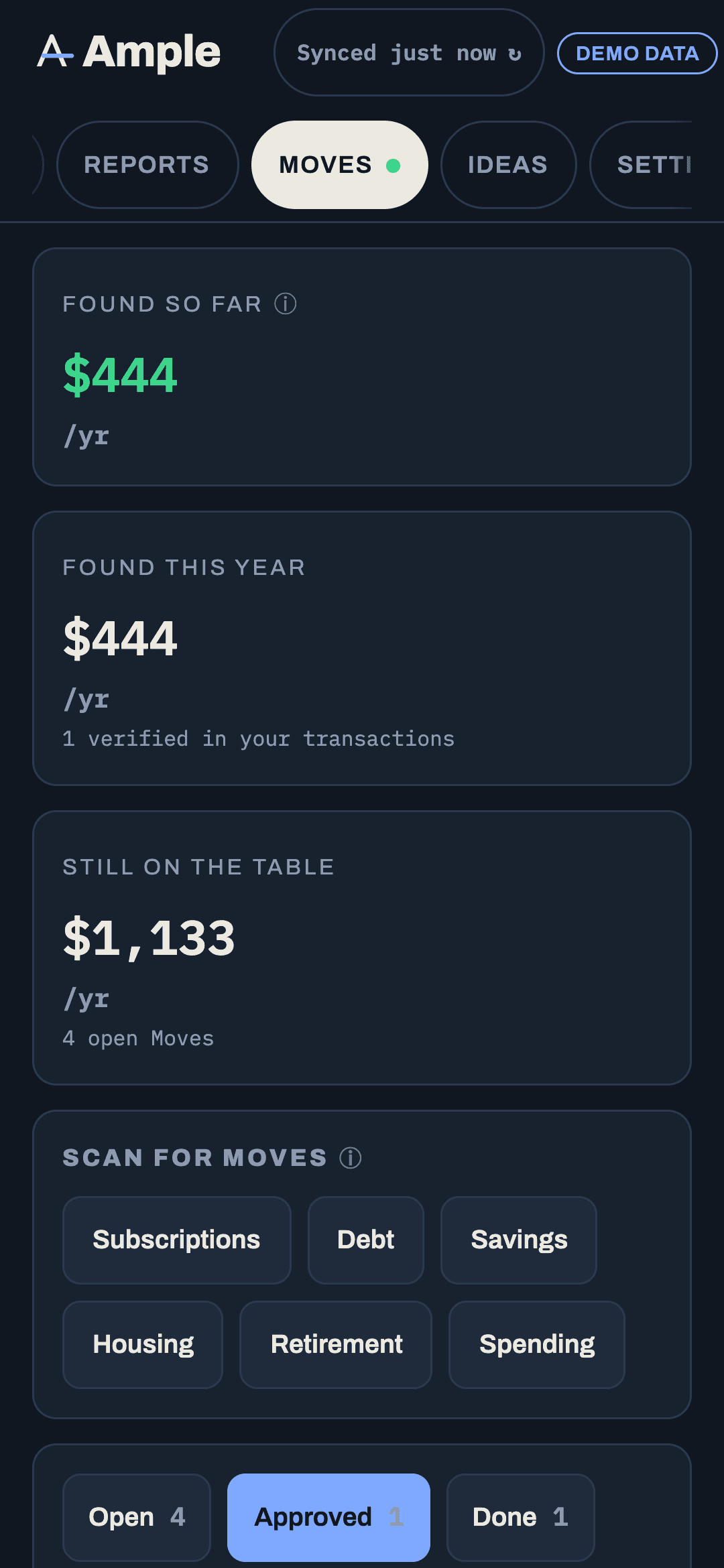 The Found-so-far ledger showing a total and a list of done Moves with monthly and one-time amounts