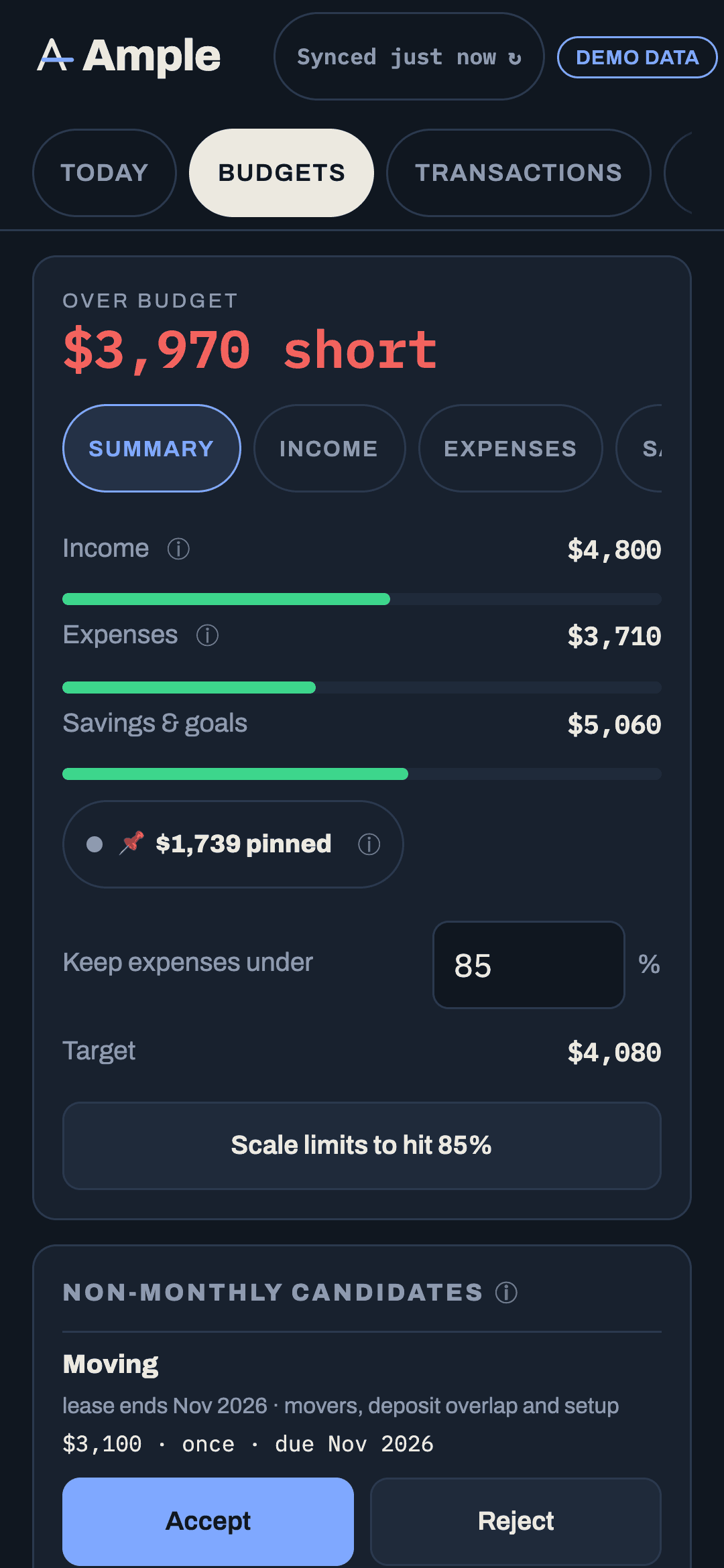 A budget row with the rollover badge and the carried-in tooltip open