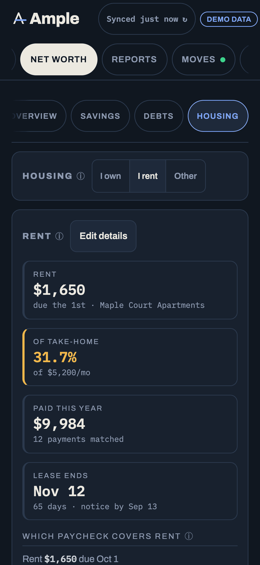 The Home card comparing monthly and biweekly payoff, with the PMI-removal date and the value today