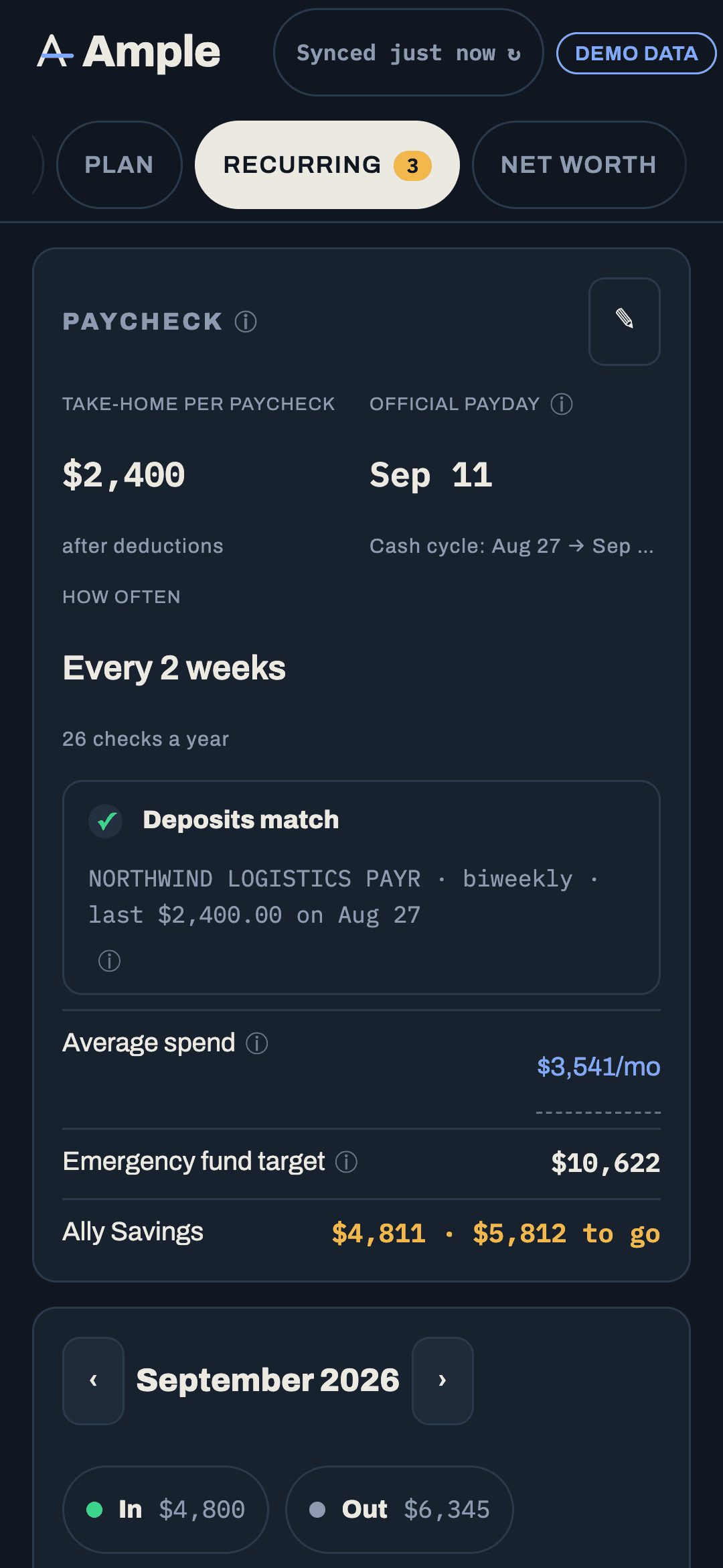 The Recurring calendar with bill, payday and mortgage-half markers, and the list beside it